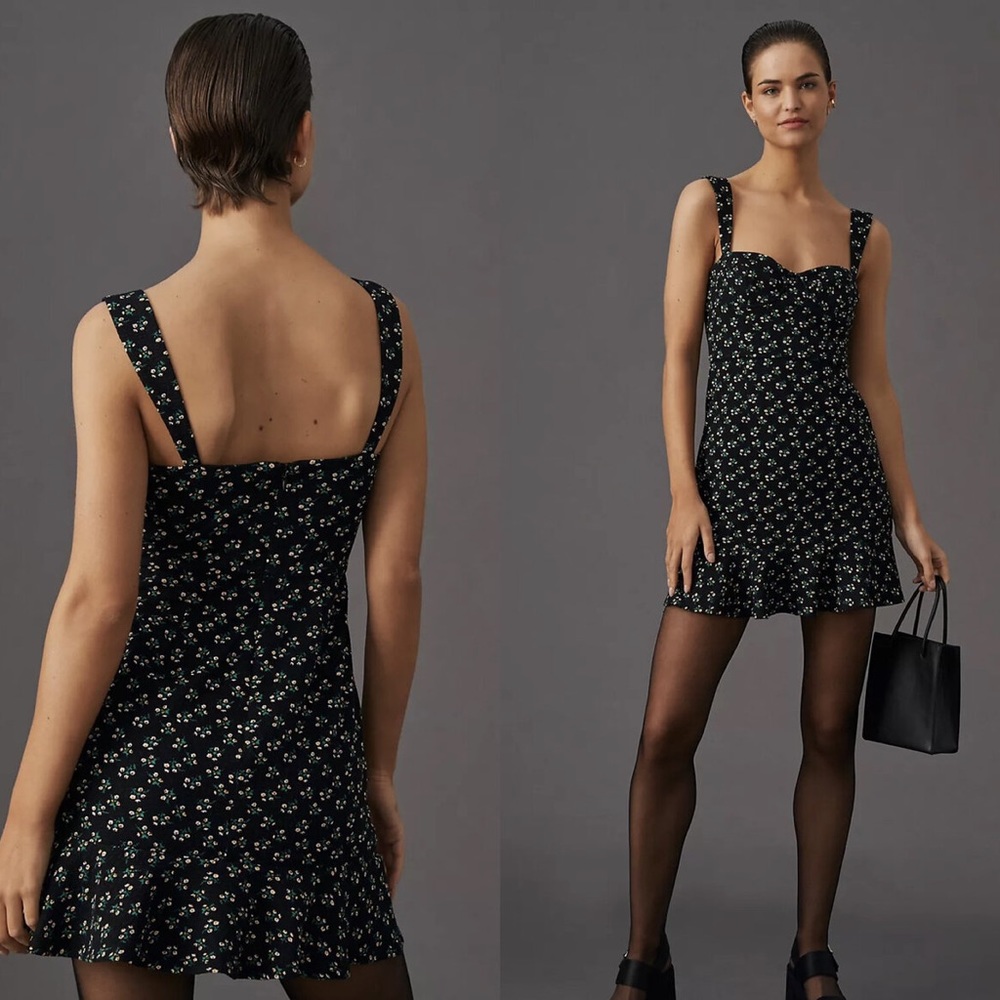 NWT, Anthropologie Floral Mini Dress, Large, Corset-like bodice, black.